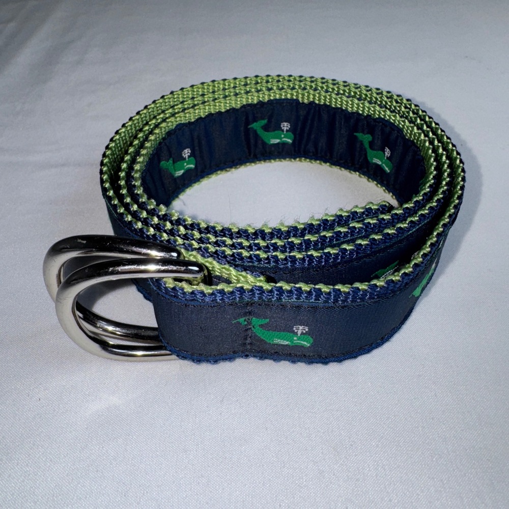 Leather Man Ltd Green Whale D-Ring Belt Navy Blue Lime Green Webbed Preppy Small